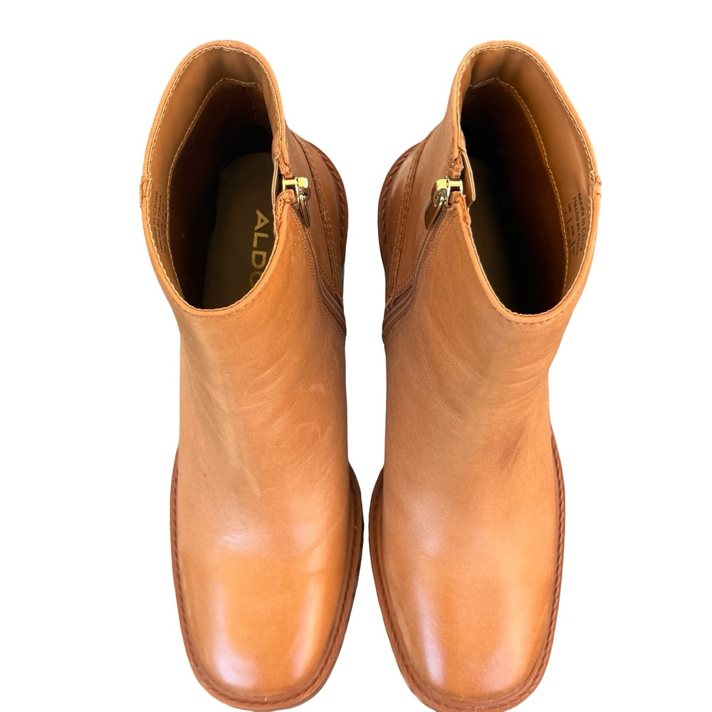 Aldo Womens Filly Cognac Tan Leather Square Toe Block Heel Ankle Boots Sz  7 - Picture 5 of 9